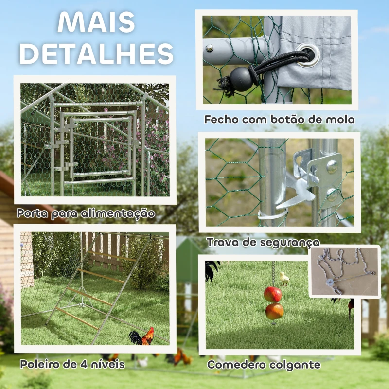 PawHut Galinheiro para Exterior 3x4 m Galinheiro de Aço Galvanizado com Comedouro Suspenso Tipo Espeto Poleiro Anti-UV Prata