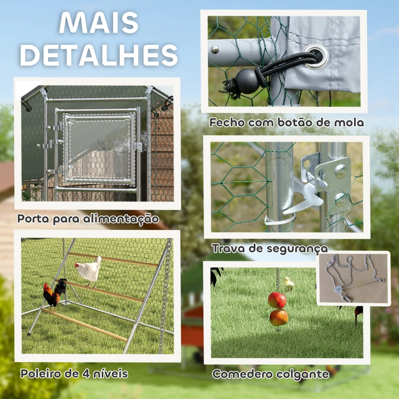 PawHut Galinheiro para Exterior 3x2 m Galinheiro de Aço Galvanizado com Comedouro Suspenso Tipo Espeto Poleiro Anti-UV Prata