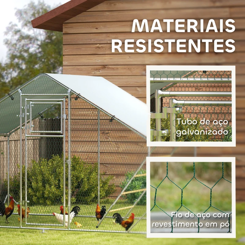 PawHut Galinheiro para Exterior 3x2 m Galinheiro de Aço Galvanizado com Comedouro Suspenso Tipo Espeto Poleiro Anti-UV Prata