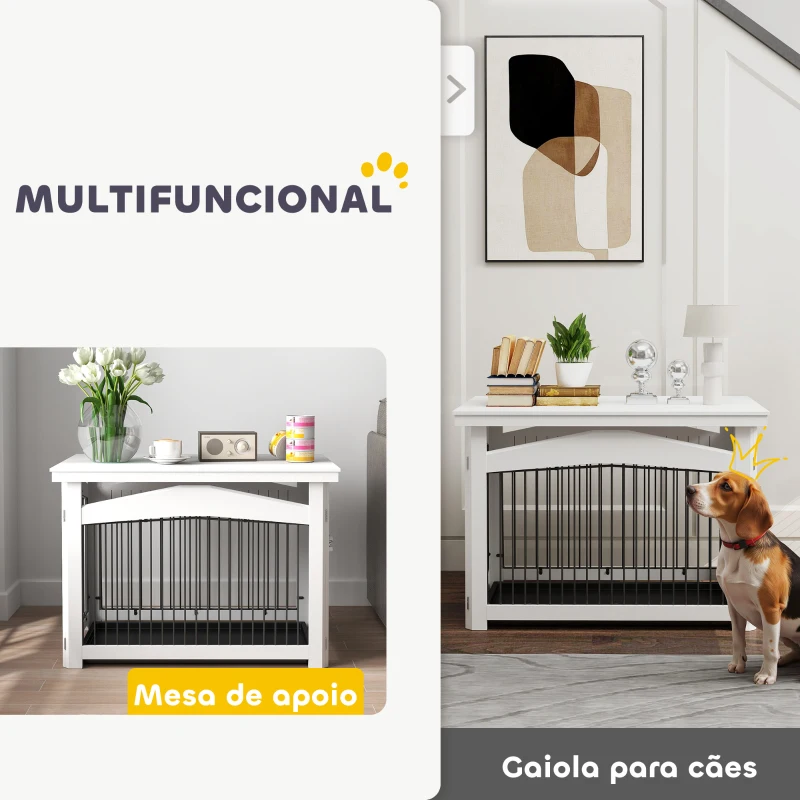 PawHut Gaiola para Cães Médios 3 em 1 Mesa Auxiliar Gaiola para Cães com Porta Trava Tampa Superior  82,5x57,5x59,5 cm Branco