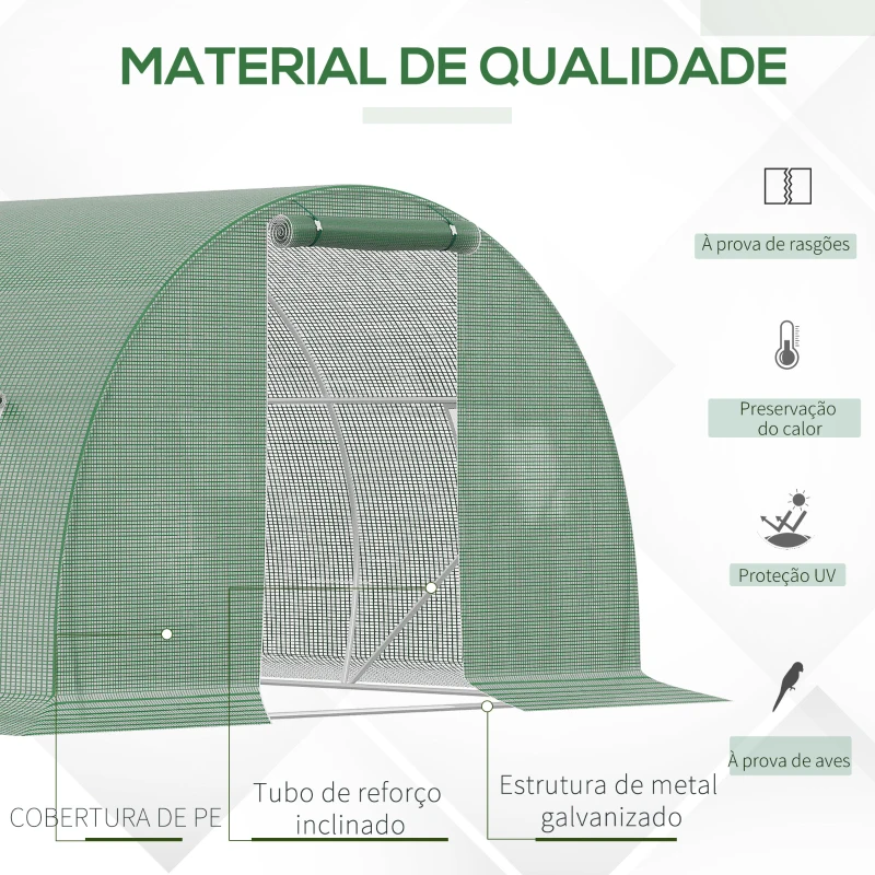 Outsunny Estufa Tipo Túnel 4,5x3x2 m com Paredes Laterais Enroláveis 6 Janelas de Malha e Porta Enrolável com Fecho de Correr Verde