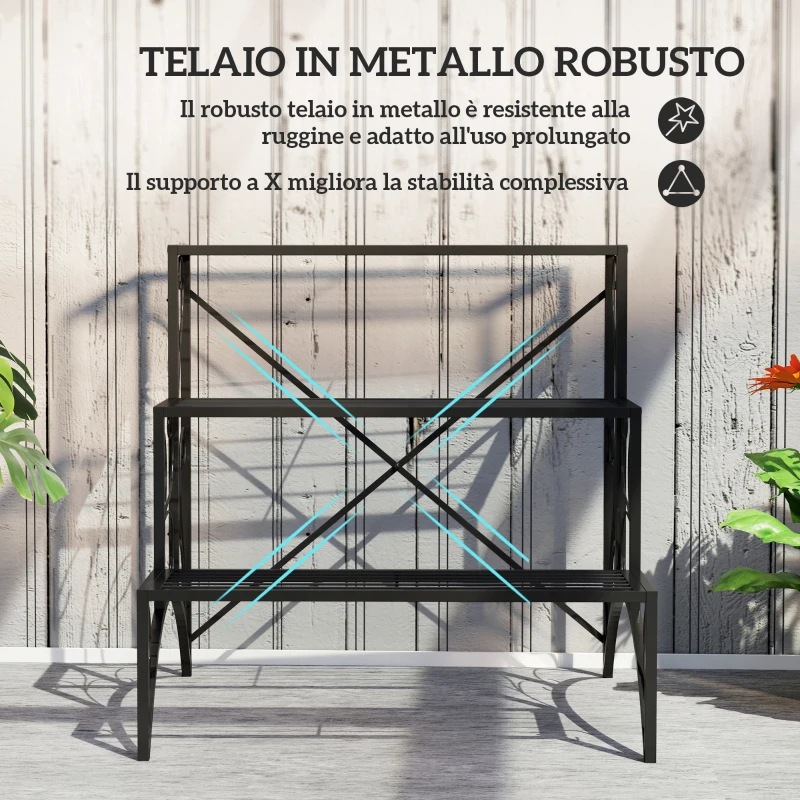 Outsunny Scaffale Porta Piante a 3 Livelli a Scaletta per Interno ed Esterno in Metallo, 60x60x60 cm, Nero