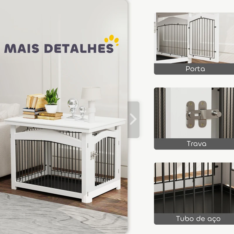 PawHut Gaiola para Cães Médios 3 em 1 Mesa Auxiliar Gaiola para Cães com Porta Trava Tampa Superior  82,5x57,5x59,5 cm Branco