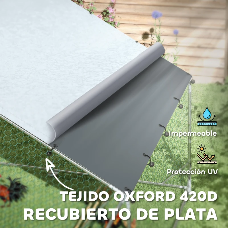 PawHut Gallinero Metálico de Exterior de 3x6m con Percha Multiusos Comedero Colgante Tipo Brocheta y Lona Protectora Resistente