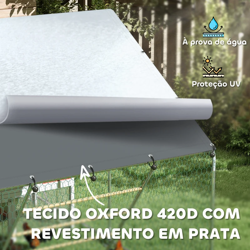 PawHut Galinheiro para Exterior 3x2 m Galinheiro de Aço Galvanizado com Comedouro Suspenso Tipo Espeto Poleiro Anti-UV Prata