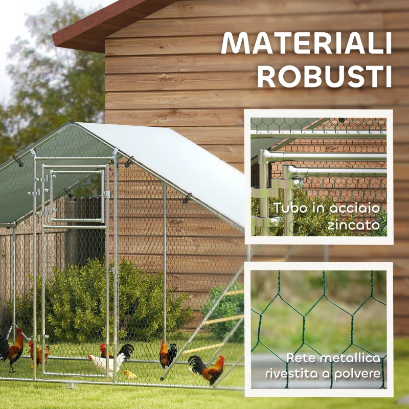 PawHut Recinto per Galline da 6m² per 6-8 Animali con Tetto Impermeabile, Mangiatoia e Posatoio, 3x2x1.9m, Argento