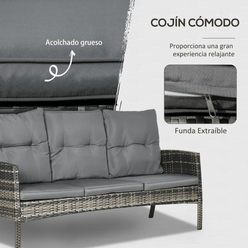 Outsunny Juego de 6 Piezas Muebles de Terraza con Sofá de 3 Plazas Sillones Cojines Taburetes y Mesa de Centro Gris