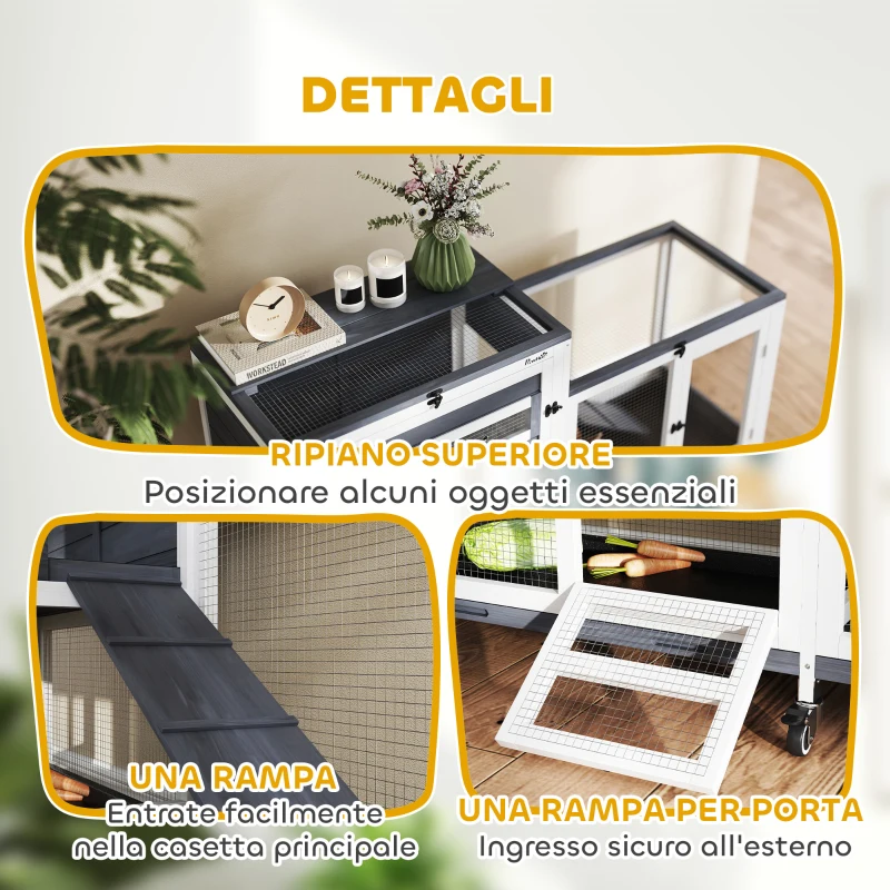 PawHut Conigliera a 2 Livelli con Rampa e 3 Vassoi, in Legno di Abete e Acciaio, 147x45x89.5 cm, Grigio e Bianco