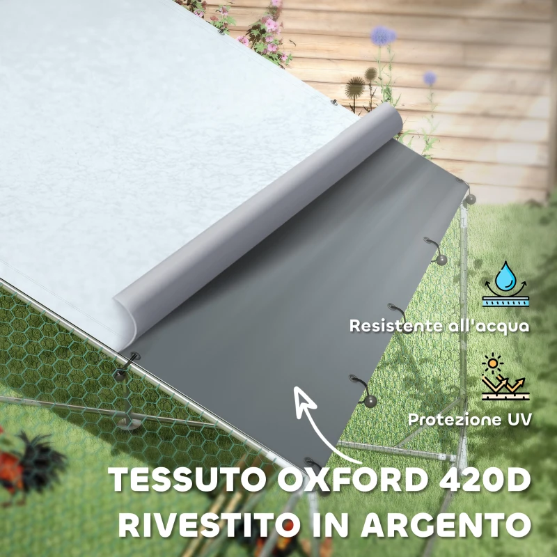 PawHut Recinto per Galline da 12m² per 12-18 Animali con Tetto Impermeabile, Mangiatoia e Posatoio, 3x4x1.9m, Argento