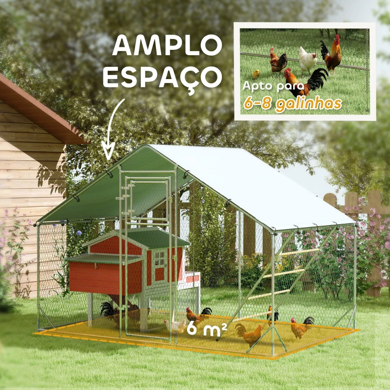 PawHut Galinheiro para Exterior 3x2 m Galinheiro de Aço Galvanizado com Comedouro Suspenso Tipo Espeto Poleiro Anti-UV Prata
