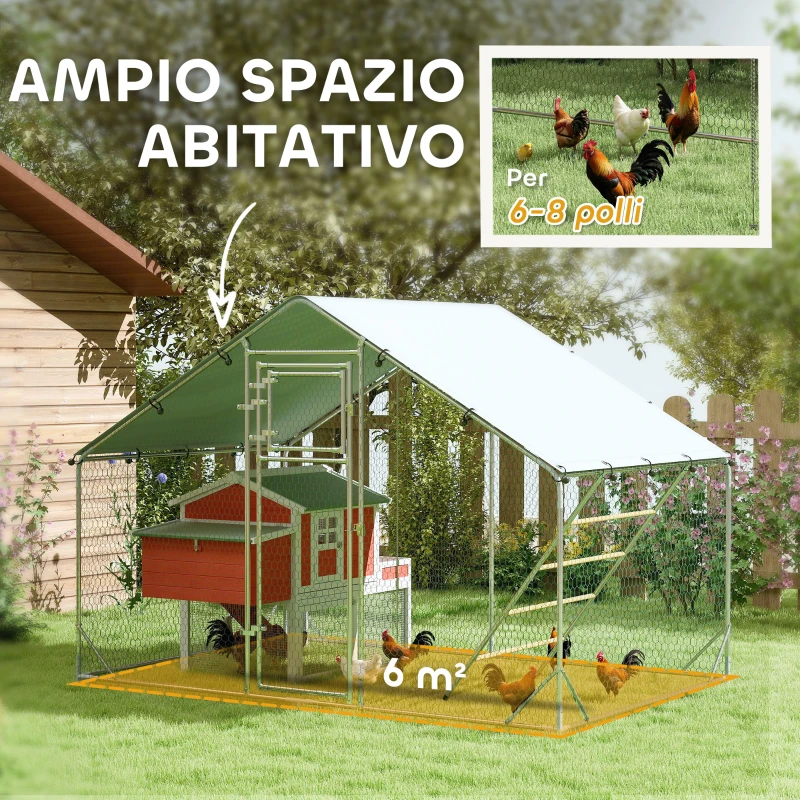 PawHut Recinto per Galline da 6m² per 6-8 Animali con Tetto Impermeabile, Mangiatoia e Posatoio, 3x2x1.9m, Argento