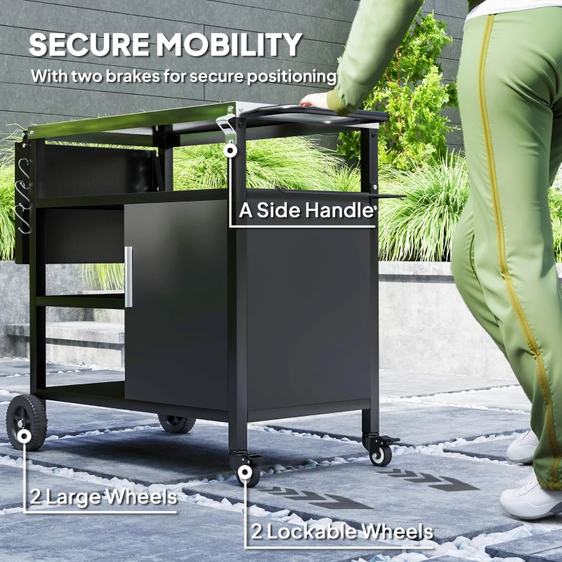 Outsunny Outdoor BBQ Trolley with Foldable Side Table, Stainless Steel Top, Outdoor Kitchen with Wheels Hooks Shelves Cabinet, Pizza Oven Table Movable Barbecue Grill Dining Cart with Cover, Black