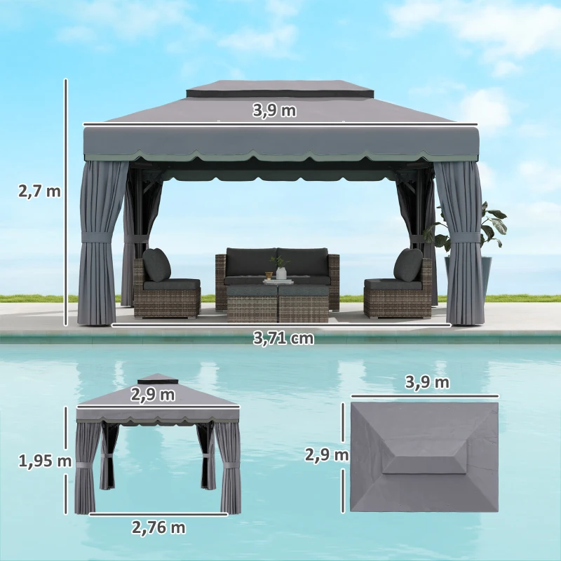 Outsunny Cenador para Jardín 4x3 m Pérgola de Jardín Gazebo con Doble Techo Paredes Laterales Anti-UV y Mosquiteras Gris
