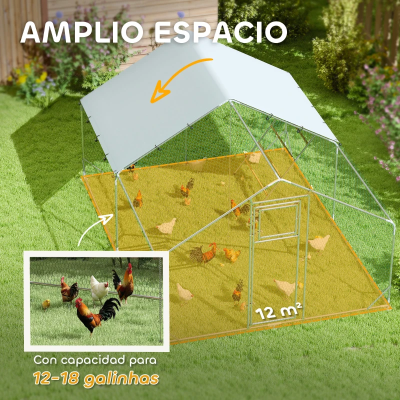 PawHut Gallinero Metálico de Exterior de 3x4m con Percha Multiusos Comedero Colgante Tipo Brocheta y Lona Protectora Resistente