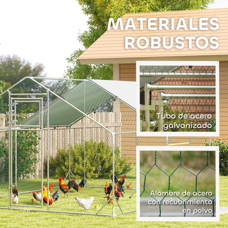 PawHut Gallinero Metálico de Exterior de 3x4m con Percha Multiusos Comedero Colgante Tipo Brocheta y Lona Protectora Resistente