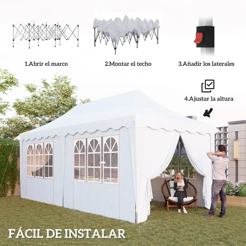 Outsunny Carpa Plegable Pop-up 6x3 m con 6 Paredes Laterales Anti-UV Altura Ajustable Bolsa de Arena y Bolsa de Transporte Blanco