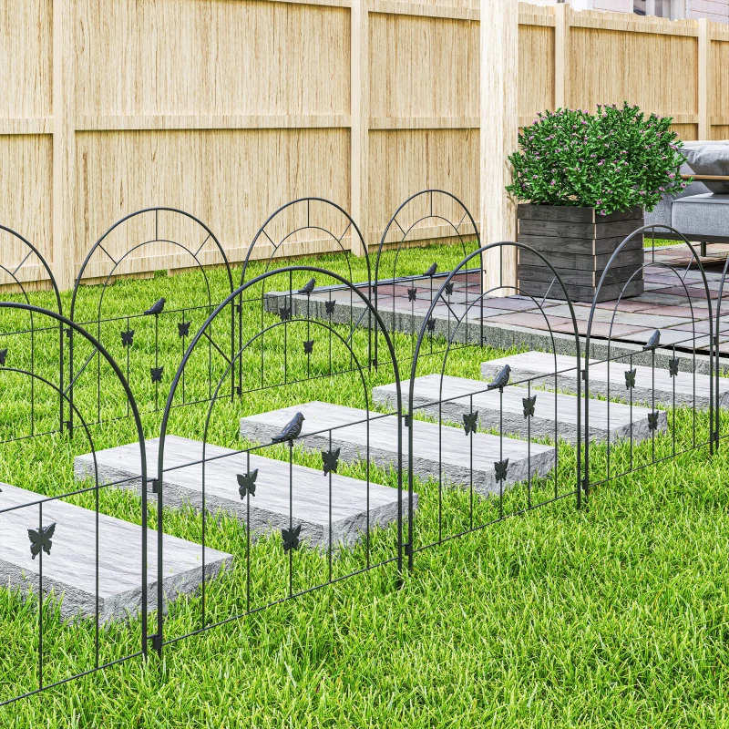 Outsunny Conjunto de 5 Vedações para Jardim Metálicas 300x70 cm Combinação Livre Barreira para Animais para Pátio Relva Preto