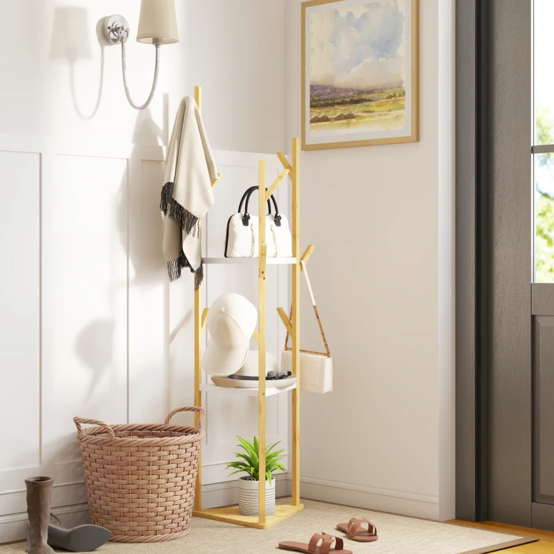 HOMCOM Cuier de Podea din Bambus în Formă de Copac cu 8 Cârlige și 3 Rafturi, 45x45x170 cm, Alb