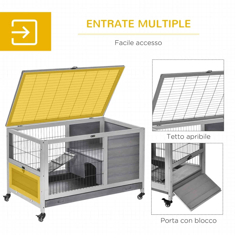 PawHut Conigliera in Legno con 4 Ruote, Casetta per Conigli e Rampa, 90x53x59cm, Grigio