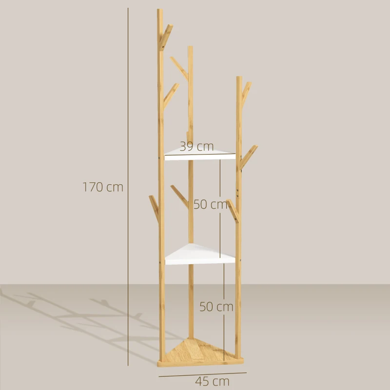 HOMCOM Cuier de Podea din Bambus în Formă de Copac cu 8 Cârlige și 3 Rafturi, 45x45x170 cm, Alb