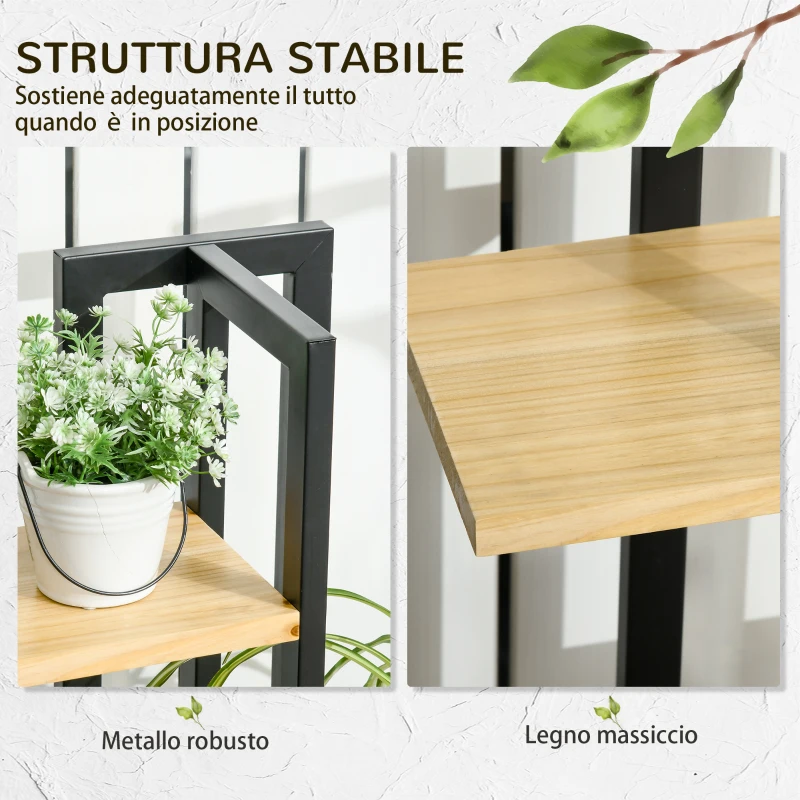 Outsunny Portapiante a 4 Ripiani dallo Stile Industriale in Legno di Abete e Metallo, 45x25x110 cm, Nero e color Legno