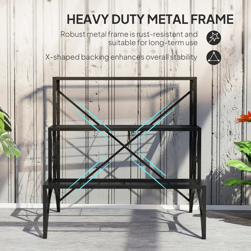 Outsunny Raft pentru Plante cu 3 Niveluri din metal, 60x60x60 cm, Negru