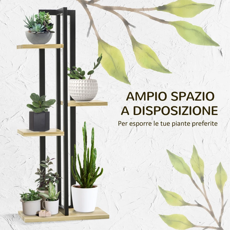 Outsunny Portapiante a 4 Ripiani dallo Stile Industriale in Legno di Abete e Metallo, 45x25x110 cm, Nero e color Legno