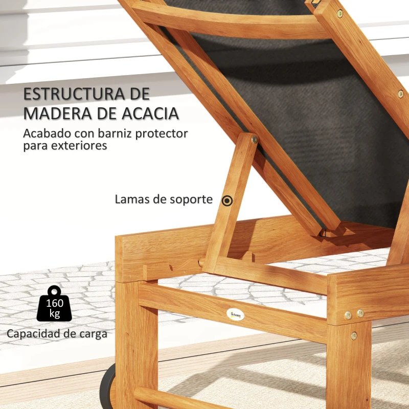 Outsunny Tumbona de Jardín con Respaldo Ajustable Ruedas Integradas y Estructura de Madera de Acacia Capacidad de 160 kg Negro