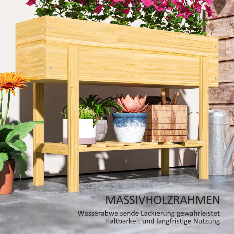 Outsunny Bloemenbak met Onderste Schap, Houten Bed met Vliesvoering en Afvoergaten, 100 x 30 x 70,5 cm, Natuurhout