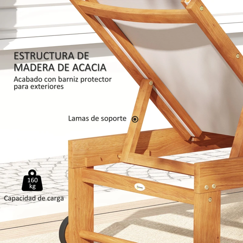 Outsunny Tumbona de Jardín con Respaldo Ajustable Ruedas Integradas y Estructura de Madera de Acacia Capacidad de 160 kg Gris