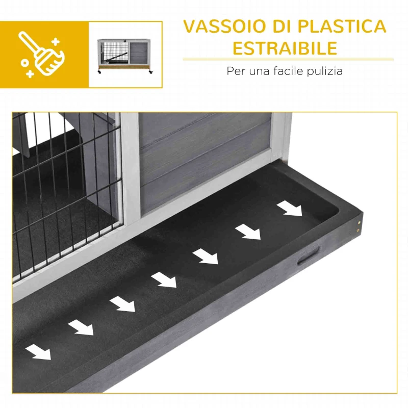 PawHut Conigliera in Legno con 4 Ruote, Casetta per Conigli e Rampa, 90x53x59cm, Grigio