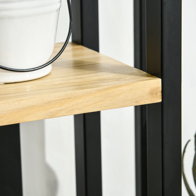 Outsunny Portapiante a 4 Ripiani dallo Stile Industriale in Legno di Abete e Metallo, 45x25x110 cm, Nero e color Legno
