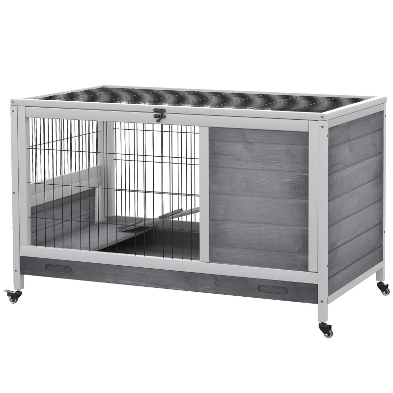 PawHut Conigliera in Legno con 4 Ruote, Casetta per Conigli e Rampa, 90x53x59cm, Grigio