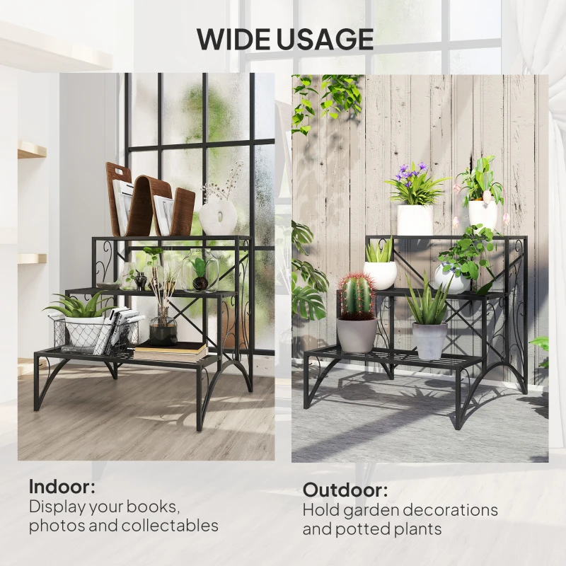 Outsunny Raft pentru Plante cu 3 Niveluri din metal, 60x60x60 cm, Negru