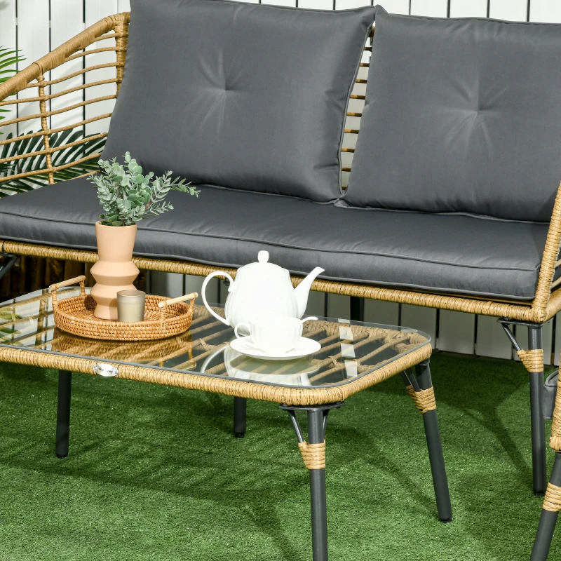 Outsunny Set da Giardino 4 Pezzi in Rattan PE e Acciaio con 2 Sedie, Divano 2 Posti e Tavolino, Marrone Nero e Grigio