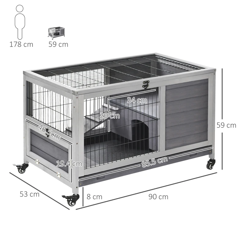 PawHut Conigliera in Legno con 4 Ruote, Casetta per Conigli e Rampa, 90x53x59cm, Grigio
