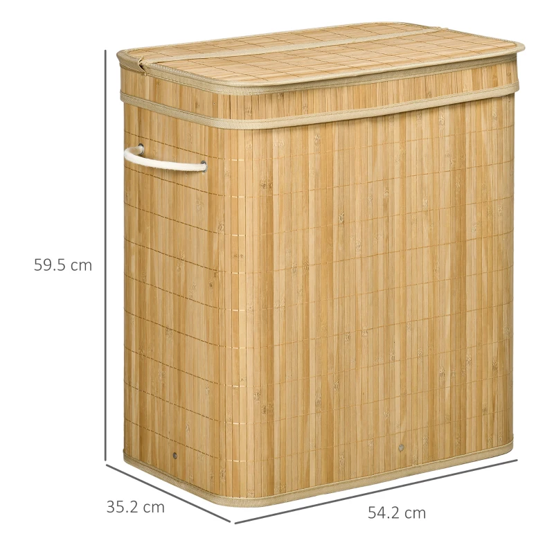 HOMCOM Coș Pliabil pentru Rufe cu 2 Compartimente, Capac Detașabil și Mânere, 54,2x35,2x59,5 cm, Natural