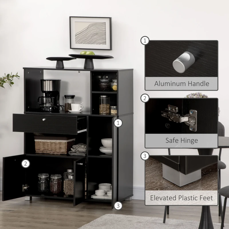HOMCOM Bufet de Bucătărie pentru Cuptor cu Microunde, Mobilier cu Dulapuri, Rafturi și Sertar, 90x40x120 cm, Negru