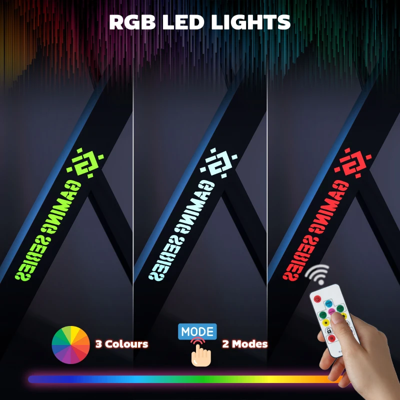 HOMCOM Birou Gaming cu Lumini LED Reglabile cu 2 Moduri, 3 Culori și Încărcare USB, 120x60x75 cm, Negru