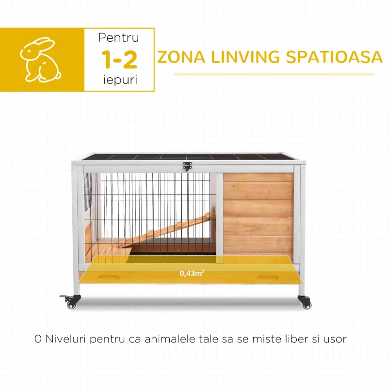 PawHut Cușcă pentru Iepuri și Porcușori de Guineea din Lemn cu 4 Roți și Rampă, 90x53x59 cm, Galben