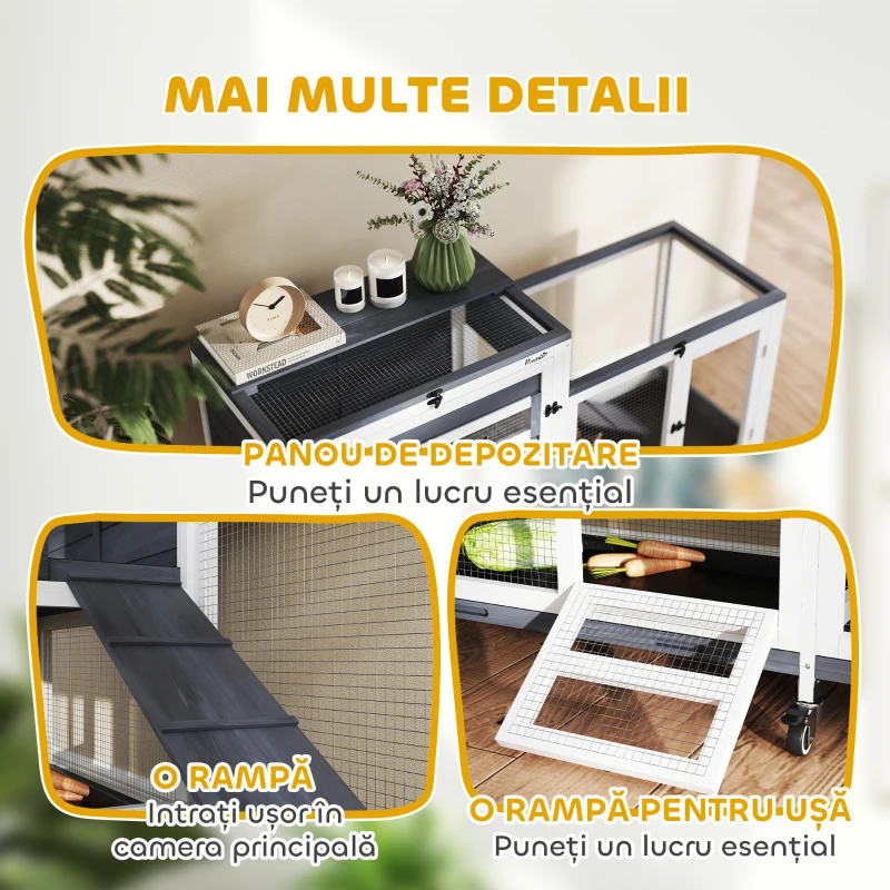 Pawhut Cusca Iepuri 2 Nivele – Gri, cu Roti, Rampa & Acoperis Rabatabil