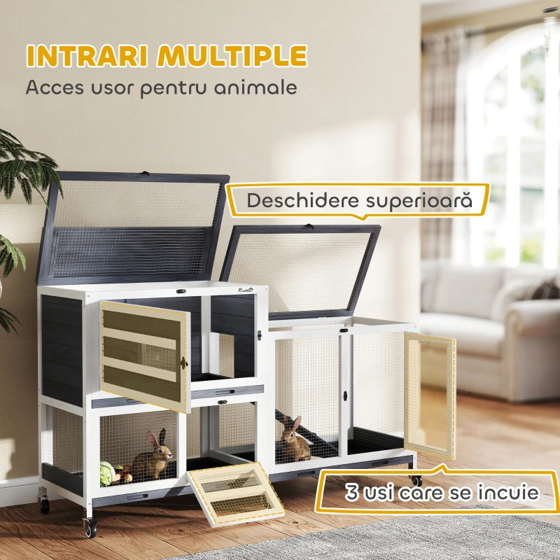 Pawhut Cusca Iepuri 2 Nivele – Gri, cu Roti, Rampa & Acoperis Rabatabil