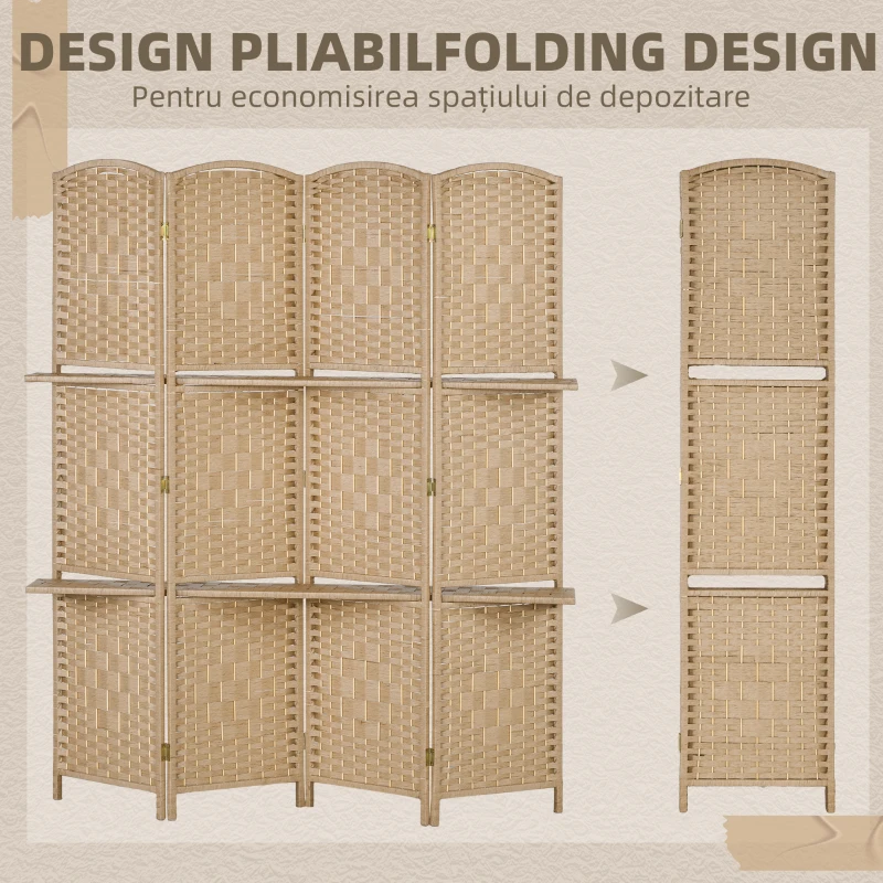 HOMCOM Paravan Interior Pliabil cu 4 Panouri și Rafturi, 160x1,6x170 cm, Natural