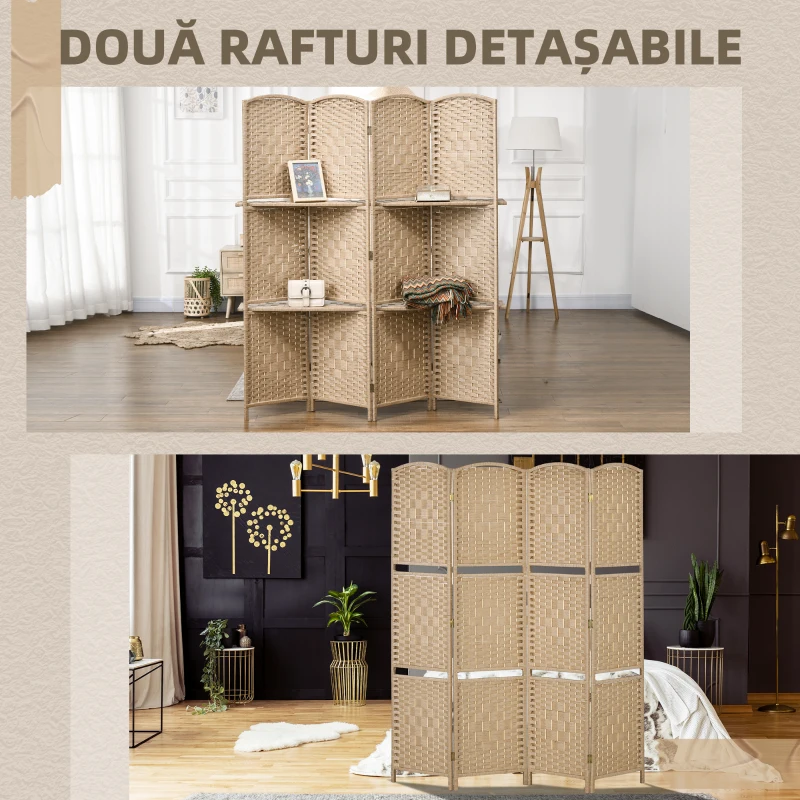HOMCOM Paravan Interior Pliabil cu 4 Panouri și Rafturi, 160x1,6x170 cm, Natural