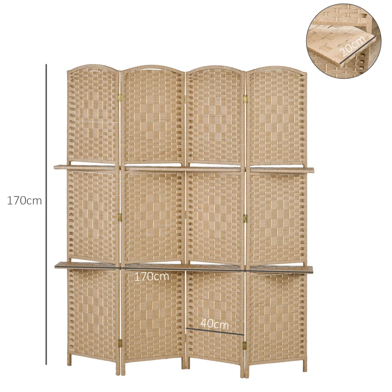HOMCOM Paravan Interior Pliabil cu 4 Panouri și Rafturi, 160x1,6x170 cm, Natural