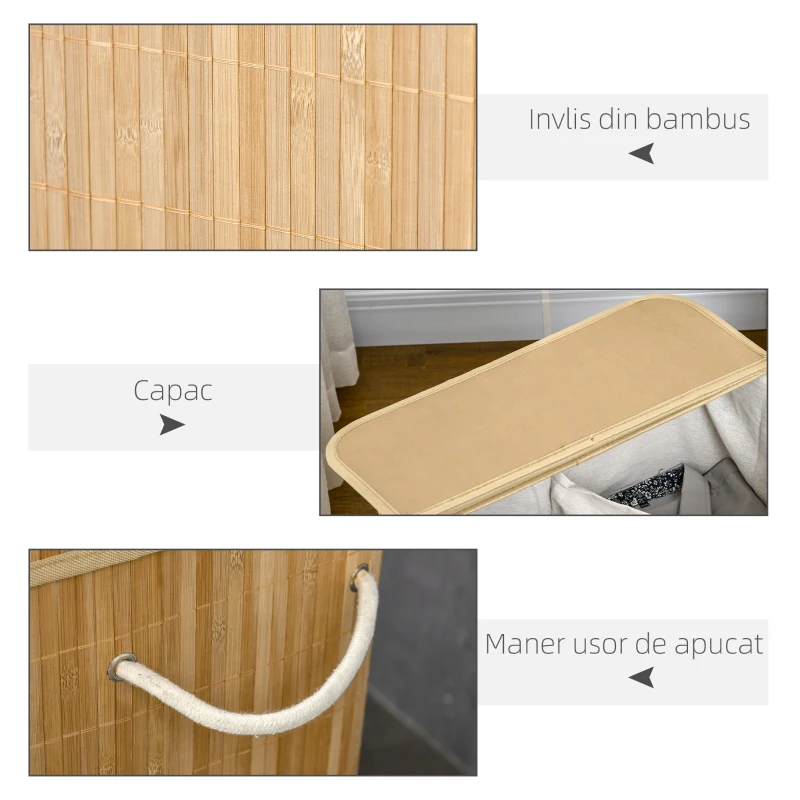 HOMCOM Coș Pliabil pentru Rufe cu 2 Compartimente, Capac Detașabil și Mânere, 54,2x35,2x59,5 cm, Natural