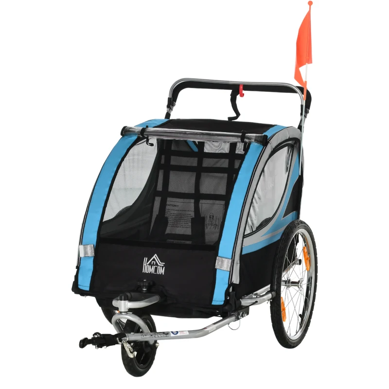 HOMCOM Remorcă Bicicletă pentru Copii, Design 2 în 1 cu Frână și Centură de Siguranță, 142x75x101 cm, Albastru(m-10)