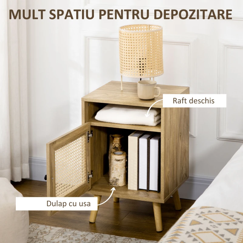 HOMCOM Noptieră pentru Dormitor în Stil Boho cu Dulăpior și Raft Deschis, 39x35x60 cm, Natural