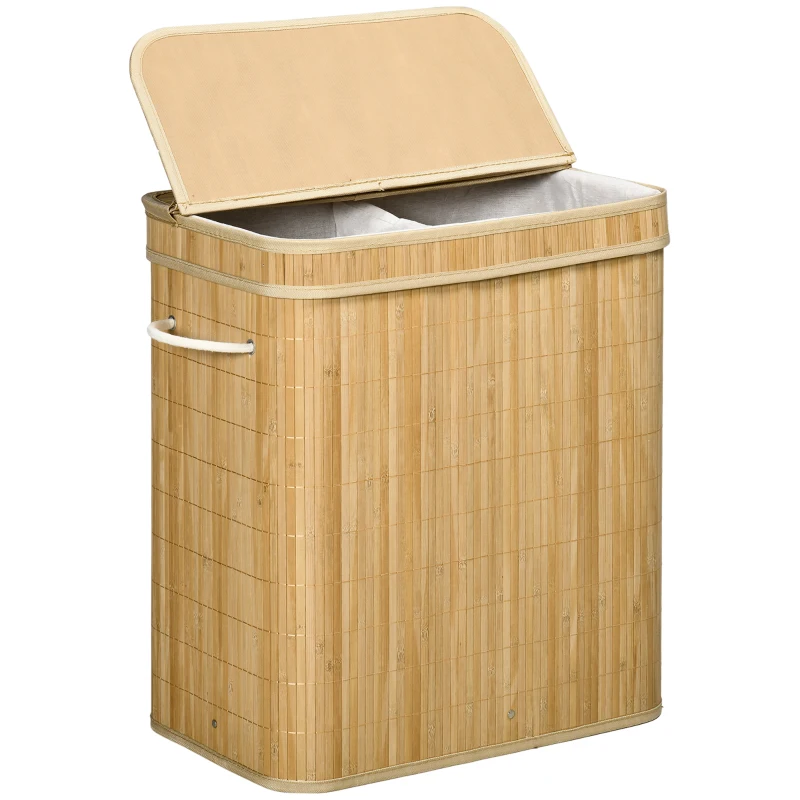 HOMCOM Coș Pliabil pentru Rufe cu 2 Compartimente, Capac Detașabil și Mânere, 54,2x35,2x59,5 cm, Natural