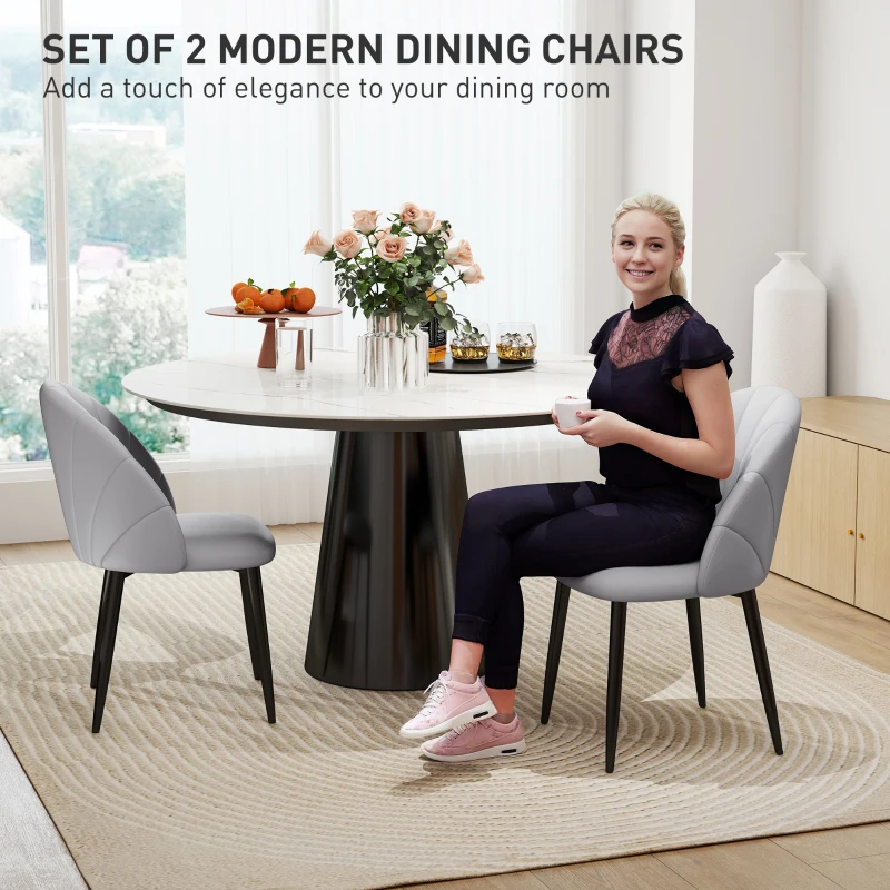 HOMCOM Set 2 Scaune din Piele Ecologică cu Picioare din Oțel și Spătar în Formă, 52x54x79 cm, Gri Deschis